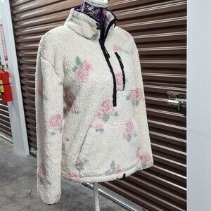 PINK Size Small Cream Sherpa Pullover Fleece floral print Y2K Retro